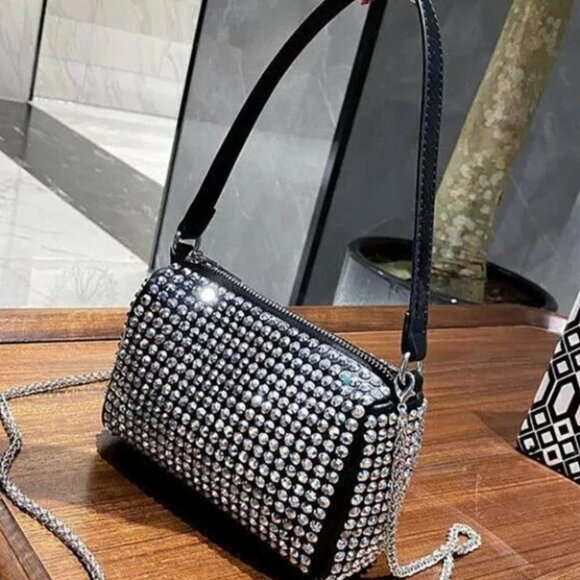 Black with silver Rhinestone Chain Square Bag purse - Picture 7 of 11